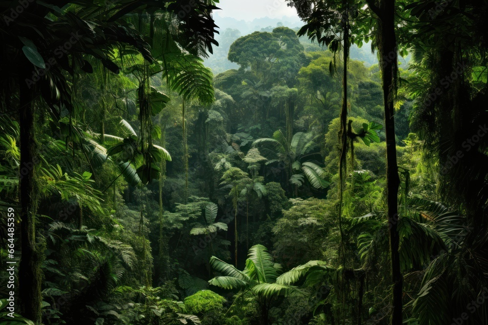 Lush rainforest canopy viewed from a bird's perspective. Lush rainforest canopy viewed from a bird's perspective.