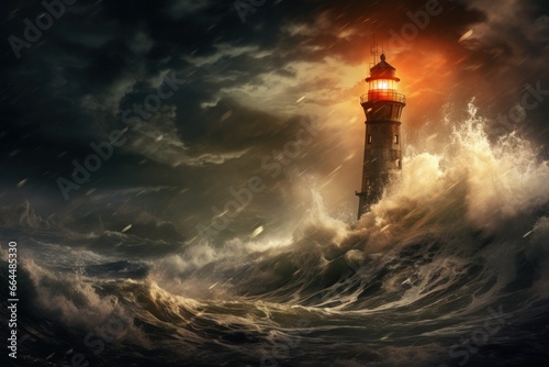 Lighthouse standing tall amidst a raging storm, beacon of hope.