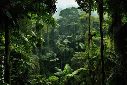 Lush rainforest canopy viewed from a bird's perspective.
