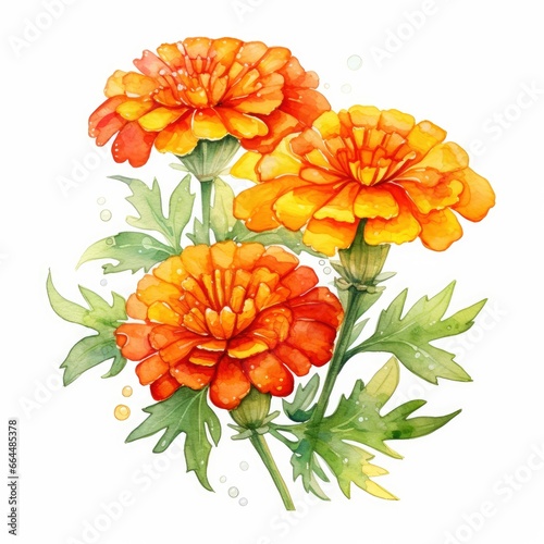 Watercolor autumn marigold flowers with raindrops on white background.
