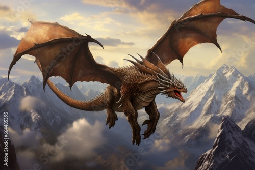 Majestic dragon soaring above mountain peaks, fantasy realm.
