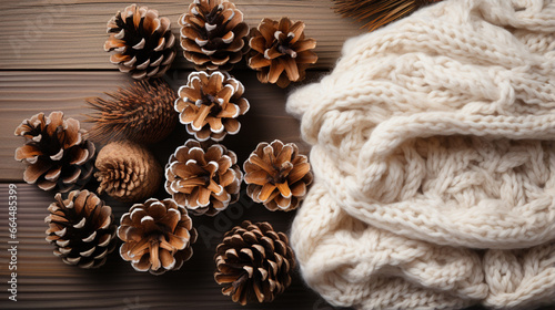 Christmas gift, knitted blanket, pine cones, fir branches on wooden white background. generative ai