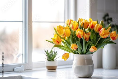 A bouquet of tulips on a white table.