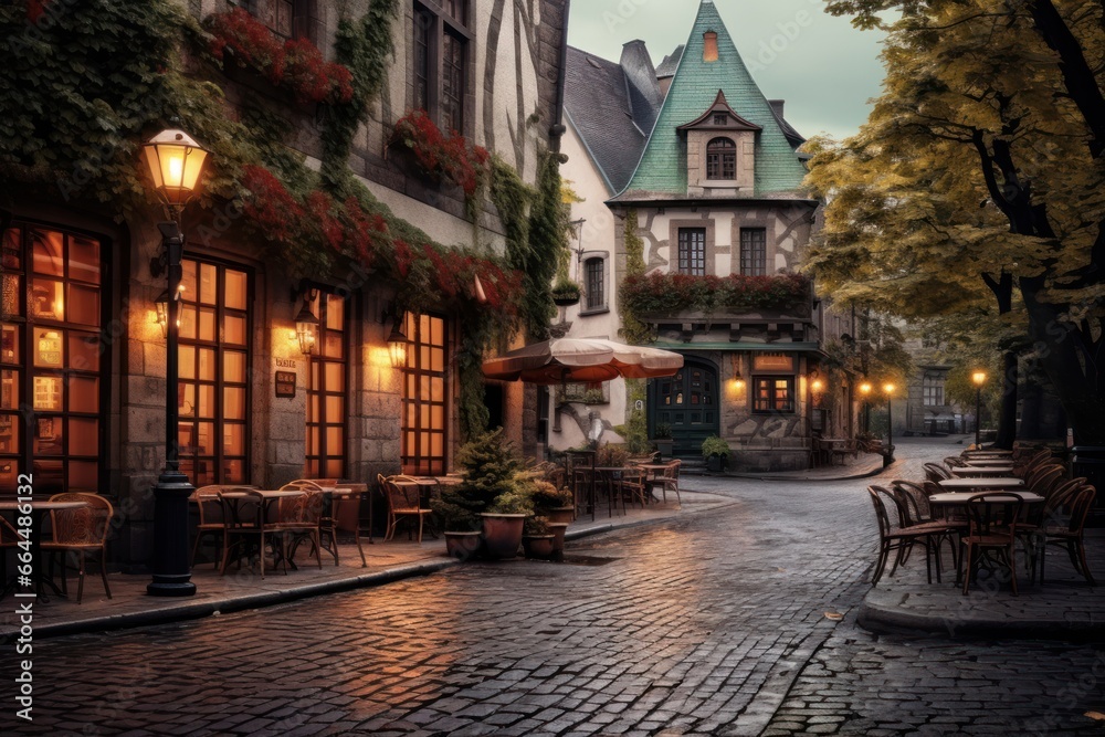 Quaint European street cafe scene with cobblestone streets and vintage lampposts.