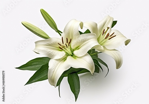 Beautiful fresh lily flower with green leaves, isolated on white background. © MDBaki