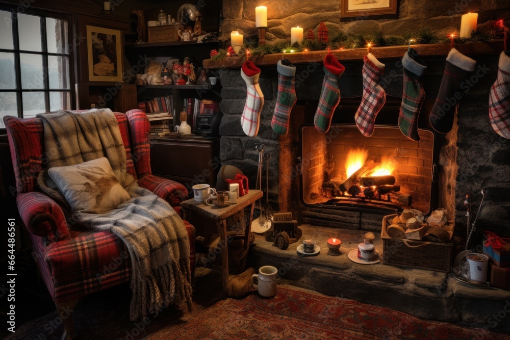 Santa's cozy living room, with stockings hung and cocoa brewing.