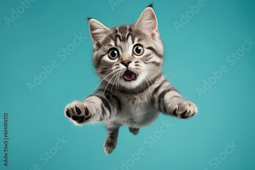 Teal Sky Triumph: Cat's Playful Flight © AIproduction