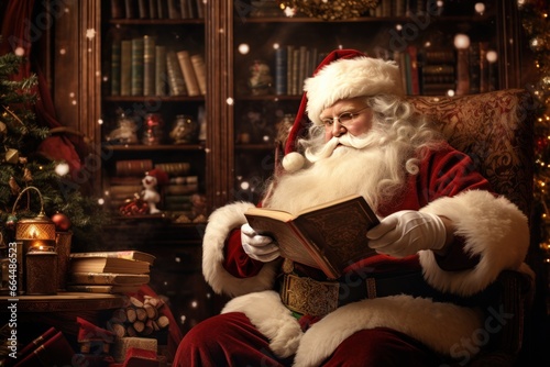 Santa Claus unwinding with a book in his North Pole library.