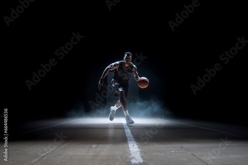 Basketball superstar leaps through the air, isolated against a black studio background, surrounded by dramatic lighting and smoke effects. Generative AI.