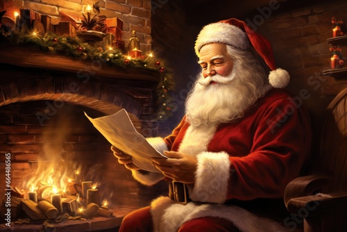 Santa reading letters from children by a warm fireplace.