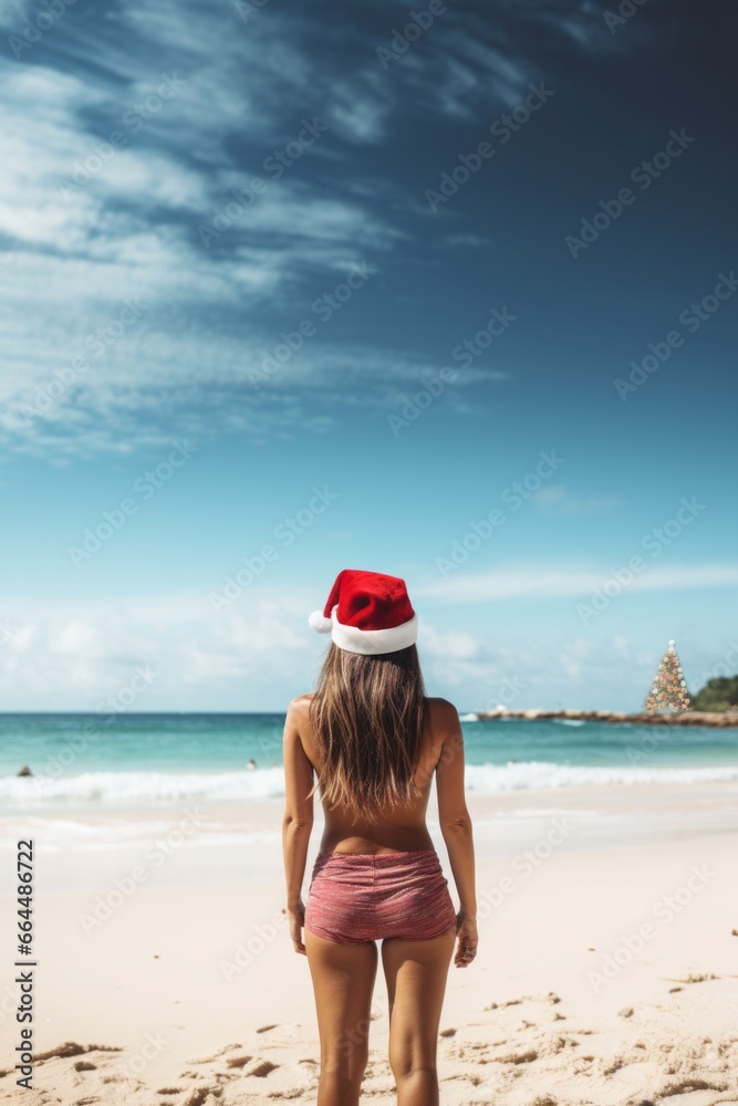 Young woman on tropical holiday in red Santa hat enjoy christmas on the beach. Young woman on tropical holiday in red Santa hat enjoy christmas on the beach.