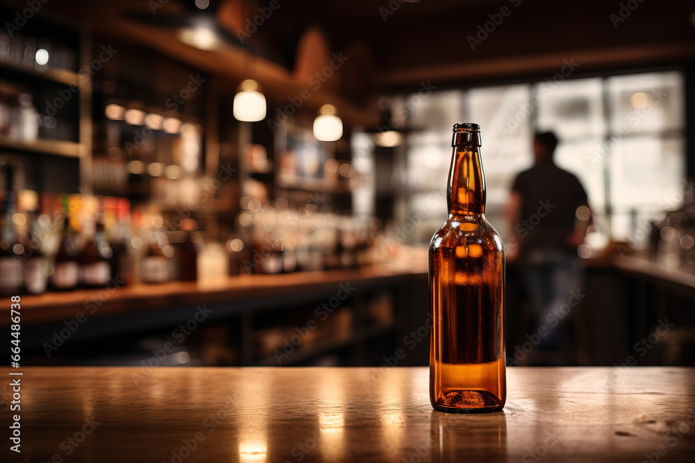 close up of a bottle of beer with blurred Bartender and bar in the back with empty copy space
close up of a bottle of beer with blurred Bartender and bar in the back with empty copy space