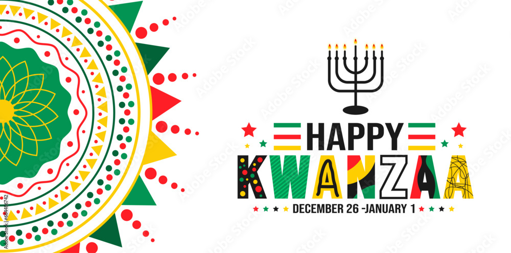 December is Happy Kwanzaa background template. Holiday concept. background, banner, placard, card, and poster design template with text inscription and standard color. vector illustration.
