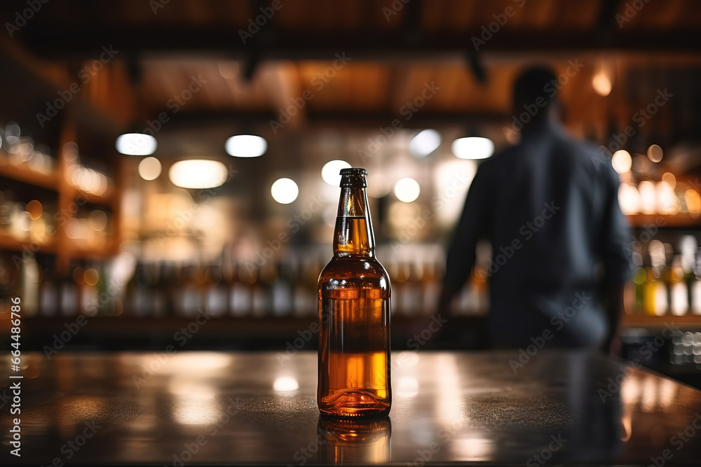 close up of a bottle of beer with blurred Bartender and bar in the back with empty copy space	
