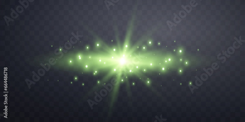 Green horizontal lensflare. Light flash with rays or green spotlight. Glow flare light effect. Vector illustration. Isolated on dark transparent background.