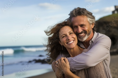 Joyful middle aged couple, a man and woman, sharing a loving hug on a beach