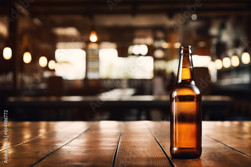 close up of a bottle of beer with blurred Bartender and bar in the back with empty copy space  