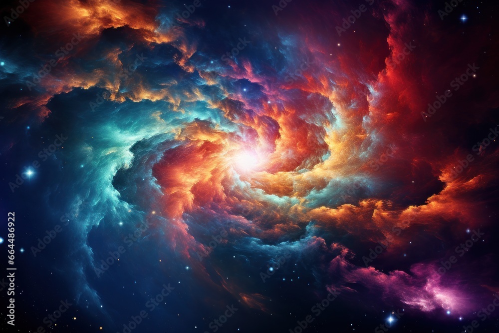 Spiraling galaxy with colorful nebulae, vast cosmic wonders.