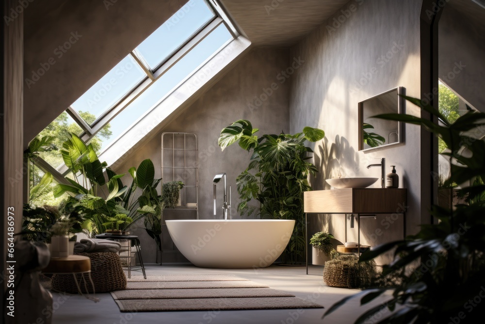 Stylish minimalist bathroom interior with green plants and natural light.