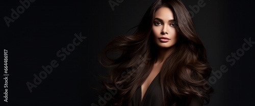 young beautiful woman with brown hair on dark background, hair care presentation concept