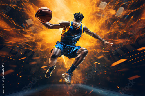 Basketball player demonstrates incredible power and skill, the court ablaze with stunning smoke and lighting effects, showcasing the player's prowess. Generative AI. © Surachetsh