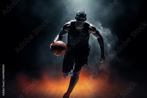 Basketball player demonstrates incredible power and skill, the court ablaze with stunning smoke and lighting effects, showcasing the player's prowess. Generative AI.