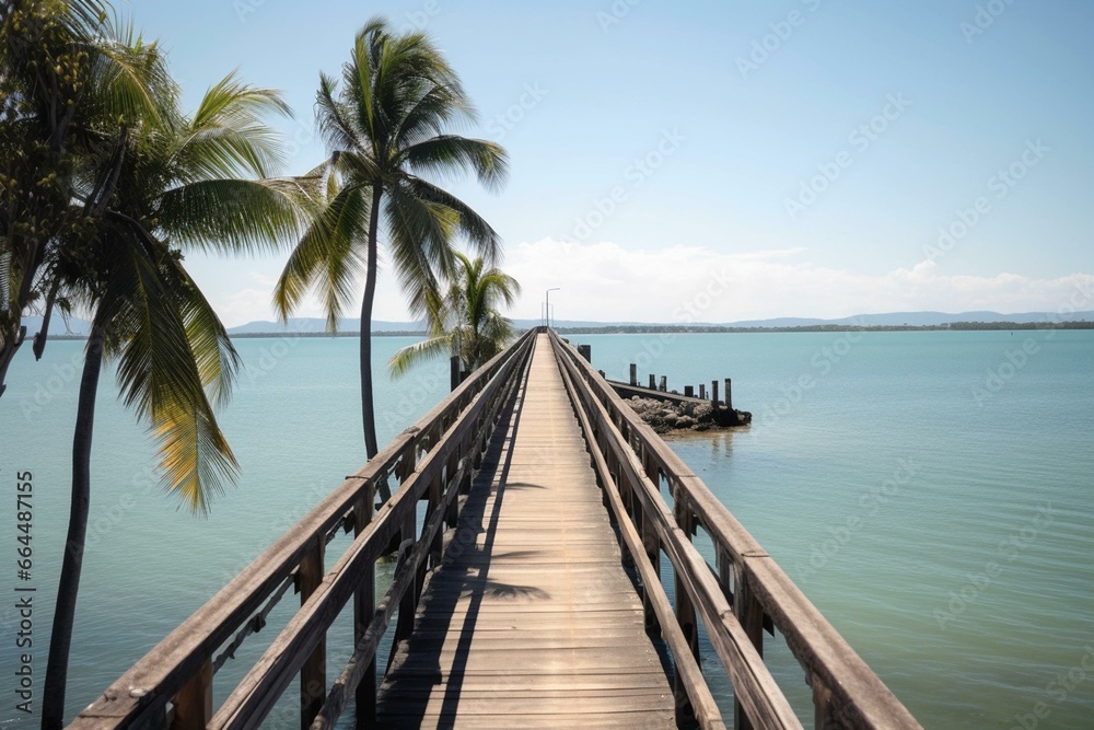 A lengthy bridge over water with an island in the distance, surrounded by palm trees. Generative AI