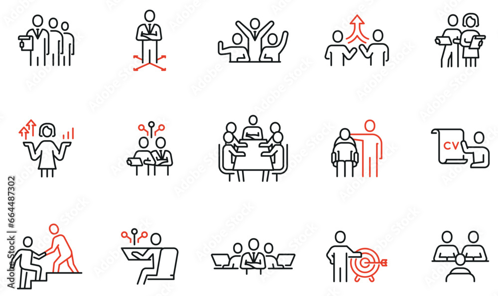 Vector set of linear icons related to human resource management, relationship, business leadership, teamwork, cooperation and personal development. Infographics design elements - part 5