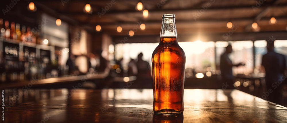 close up of a bottle of beer with blurred Bartender and bar in the back with empty copy space	
