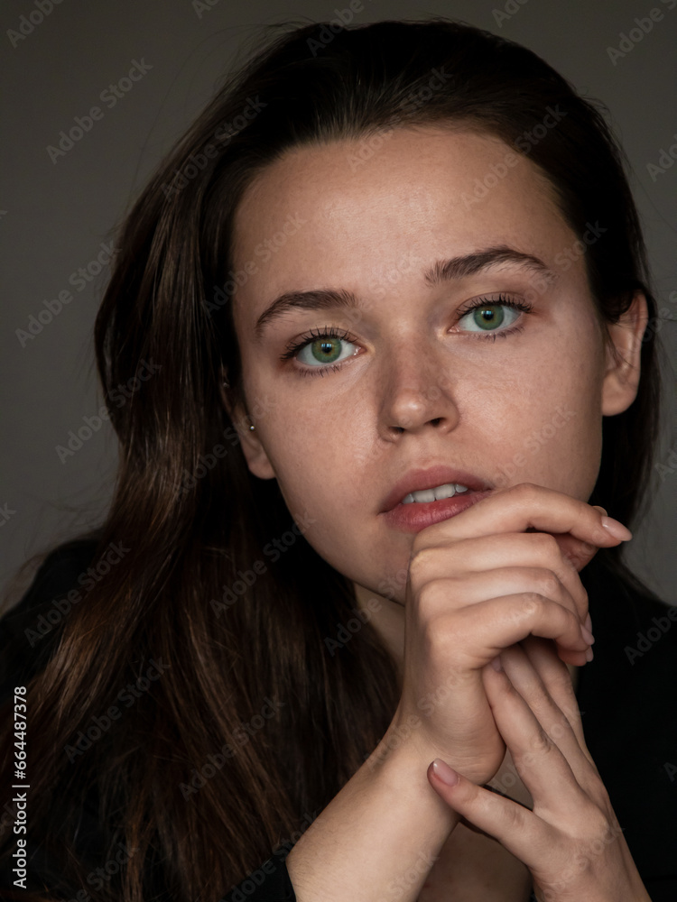 Sample photos for retouching skills training - picture without retouching and processing. Close portrait of a beautiful girl with long brown hair and professional makeup. Raw photo Sample photos for retouching skills training - picture without retouching and processing. Close portrait of a beautiful girl with long brown hair and professional makeup. Raw photo