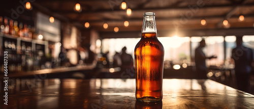 close up of a bottle of beer with blurred Bartender and bar in the back with empty copy space  