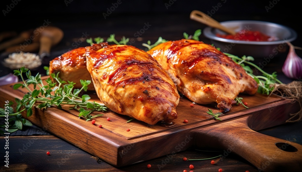 Closeup of tasty roast chicken breast served on wooden board. Grilled chicken.