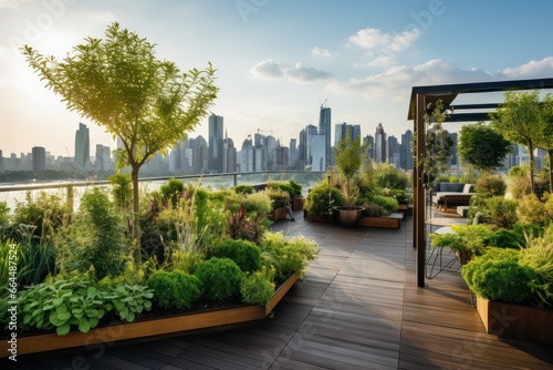 Urban rooftop garden with various plants and a serene city skyline view. © Jelena
