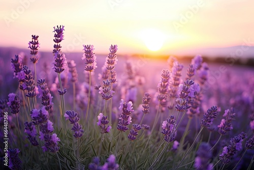 Close up lavender flowers in beautiful field at sunset. © MDBaki