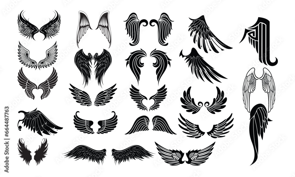 Naklejka premium Wings Vector bundle, Wings Clipart, Wings Silhouette, Wings Vector, Wings icons, illustration, design.