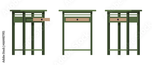 Tall nightstand with storage drawer natural wood green set. Side sofa table, plant, telephone stand, bedside item. Vector flat style cartoon home, office furniture objects isolated on white background