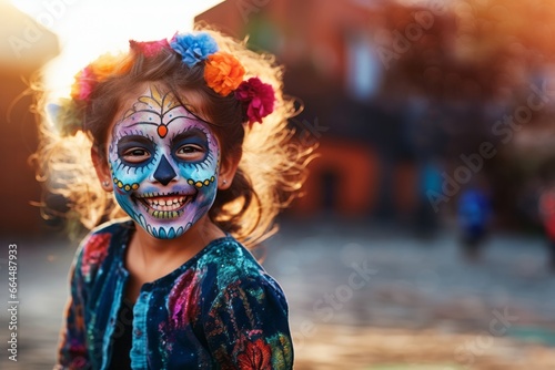 Girl with skull face paint and roses in hair celebrating Day of the Dead,, copy space