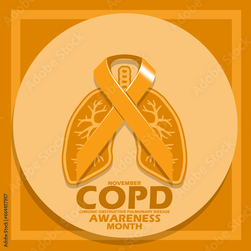 An orange ribbon and a lung icon with bold text in circle board on orange background to commemorate World COPD (Chronic obstructive pulmonary disease) Day on November