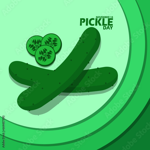 Two whole and sliced ​​cucumbers, with bold text on a green circle background to celebrate National Pickle Day on November 14
