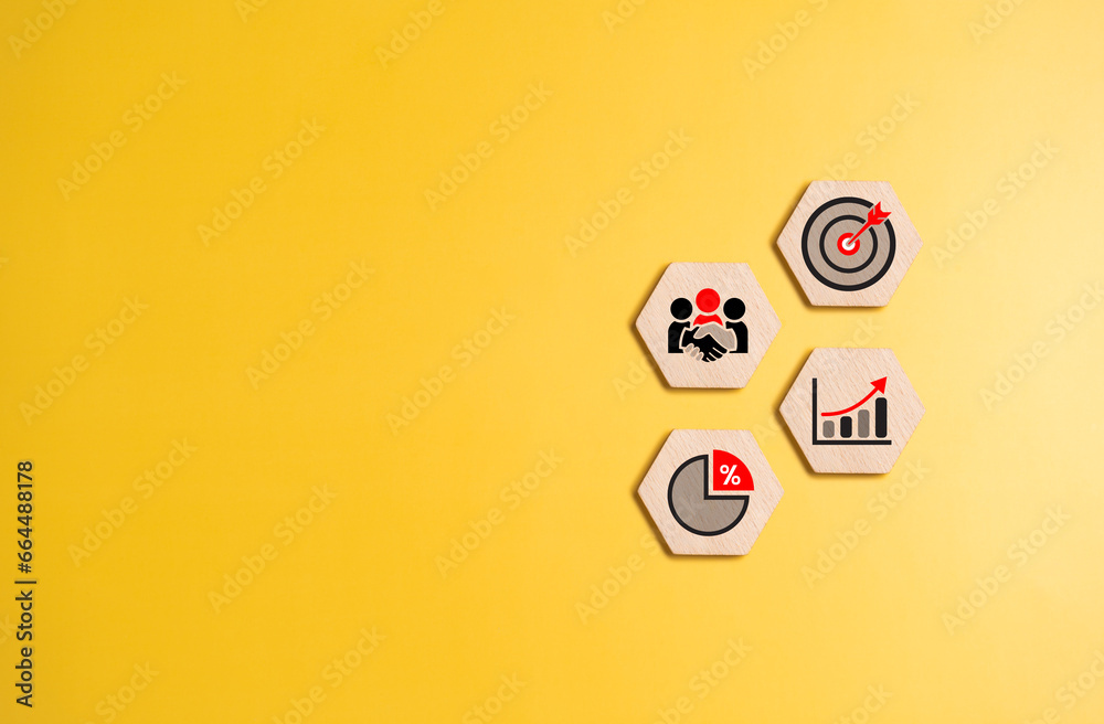 Business success icon set on yellow background, Successful project plan ...
