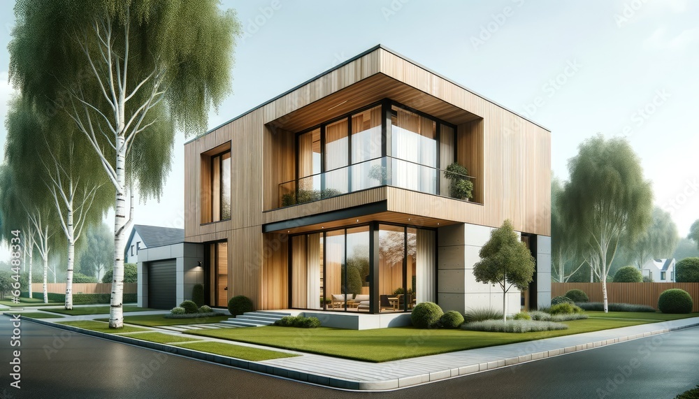 Obraz premium Modern Scandinavian house exterior, characterized by its sleek lines, wooden cladding, and large windows. The design is minimalist.