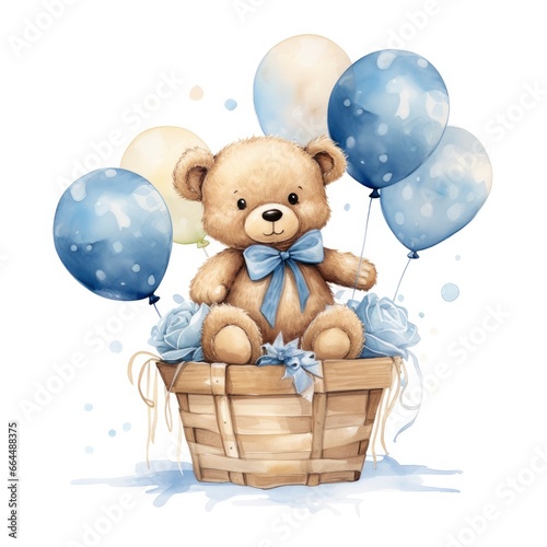 A watercolor baby teddy bear is sitting in the basket with blue and gold balloons.