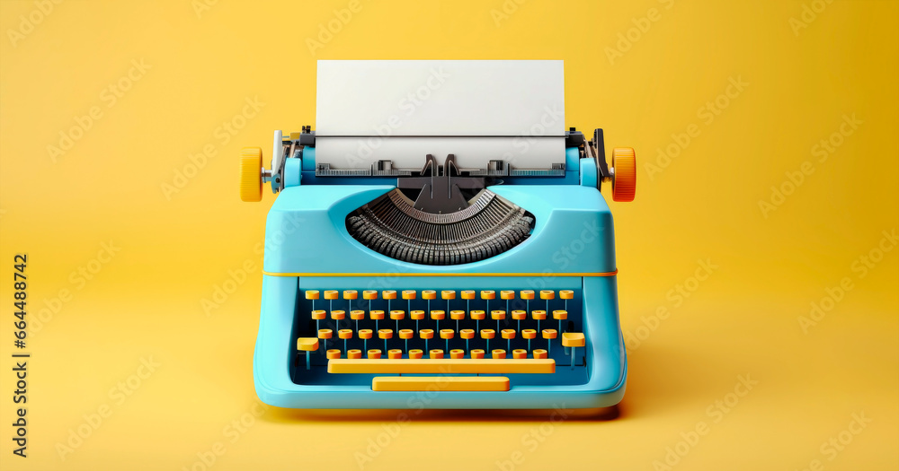 Typewriter turquoise color on a yellow background. Banner - obrazy, fototapety, plakaty 