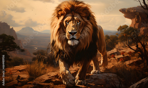 Lion's Grace, Majestic King Roaming in Radiant Natural Light