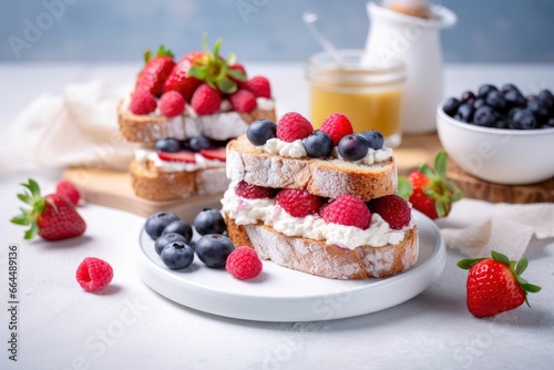 Fresh breakfast with Blueberry  Strawberry  raspberry ricotta rye sandwiches.