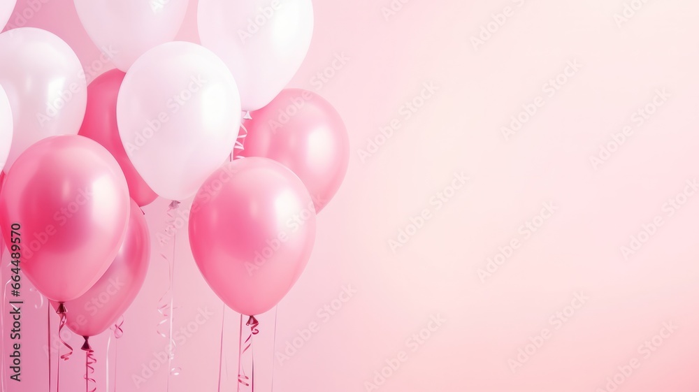 Light pink balloons on a pastel pink background with a copy space for text. Pink background for social media, birthday, party, wedding or promotion banners.