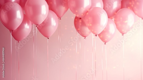 Birthday celebration and party background with pink flying balloons for Birthday and Anniversary poster. Pink balloons on pink background with copy space.