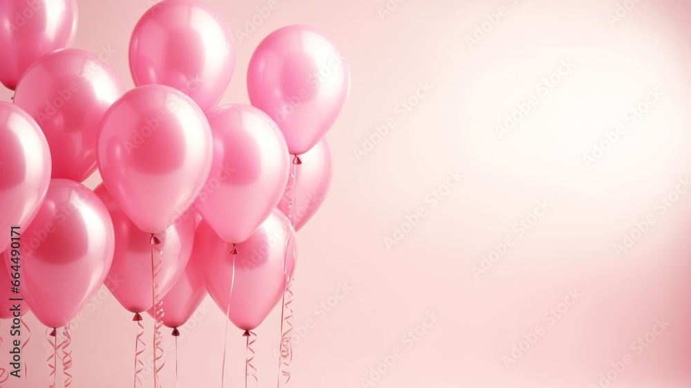 Pink balloons party background with copy space on the right. Group of pastel party balloons on soft background. Concept of happiness, joy, birthday.