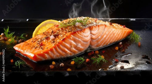 Gourmet cutlet of fresh salmon seasoned with herbs, spices, and lemon zest grilling on a griddle.