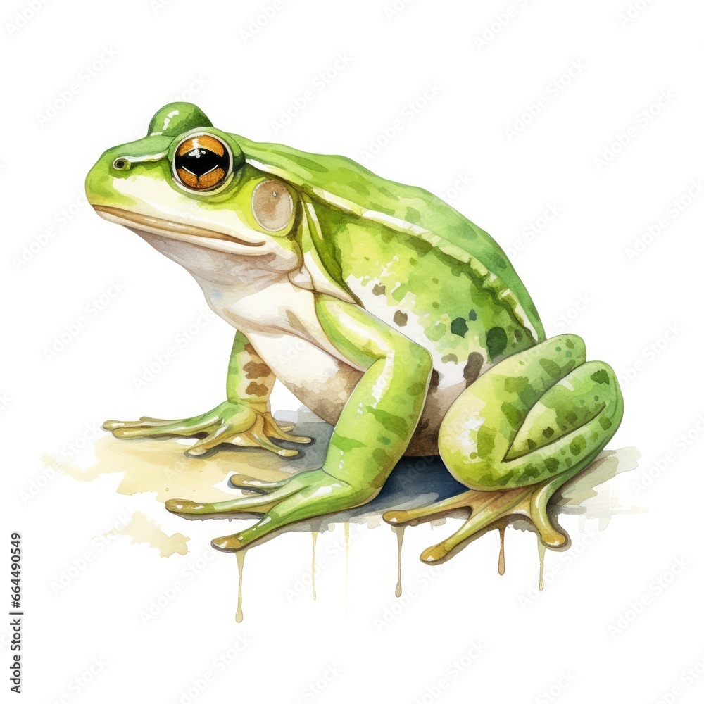 Fototapeta premium Watercolor green frog on white background.
